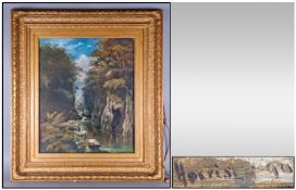 Late 19th Century English Painting Waterfall In A Woodland Settings. Oil on canvas, good gilt