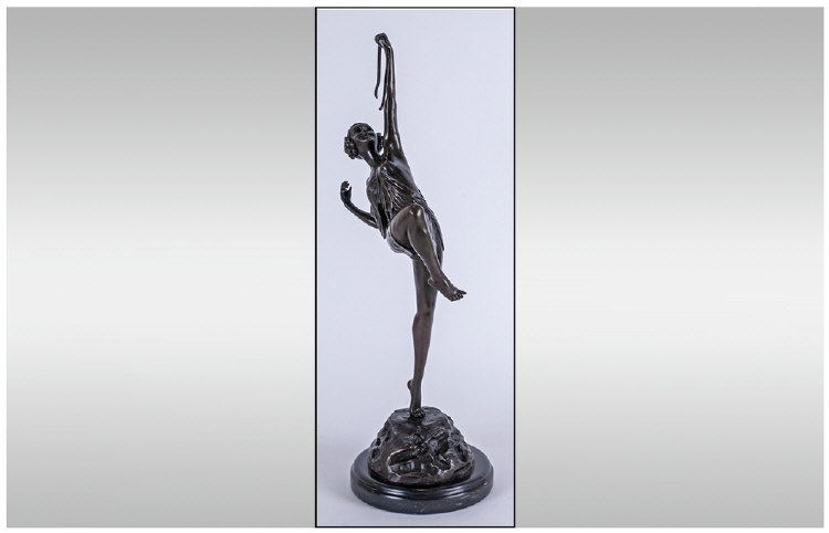 A 20th Century Bronze Art Deco Style Figure Of Dianne The Huntress, female archer, raised on a