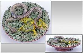 Mafra Caldas Portuguese Palissy Majolica Footed Trompe L`Oeil Dish. Circa 1880. Impressed seal to