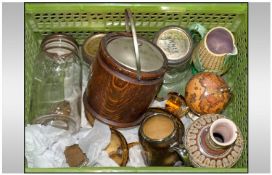 Box of Assorted Collectable`s, Including Plated tin tray, 3 Kilner jars, wood biscuit barrels, 2