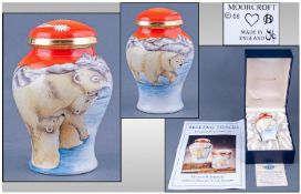 Moorcroft Enamels 2006 Collectors Club Polar Bear Decorated Ginger Jar. Making tracks design.