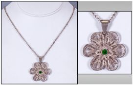 A Vintage Silver Flowerhead Pendant, fitted on a long silver chain, Marked 925, 22`` in length.