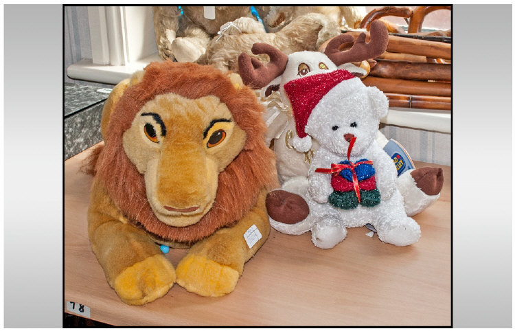 Selection of Three Cuddly Toys Including Disney Lion King a Christmas Teddy and A Chad Valley Moose