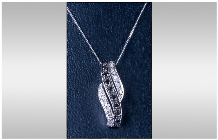 Ladies 9ct White Gold Diamond Pendant, styalised setting. Pave set with a row of black diamond