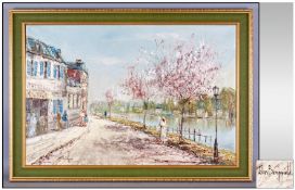Oil Painting by John Bampfield. Titled Cafe Scene by Riverside with figures and blossom trees.