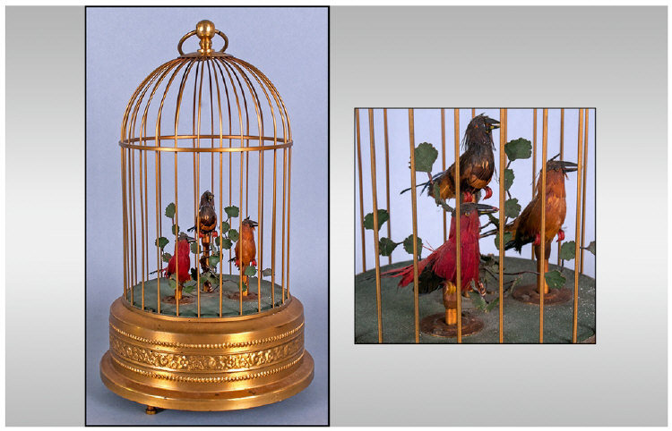 Vintage Three Singing Birds, mechanical/automaton in gilt brass cage. Features stop/pause/start