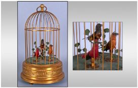 Vintage Three Singing Birds, mechanical/automaton in gilt brass cage. Features stop/pause/start