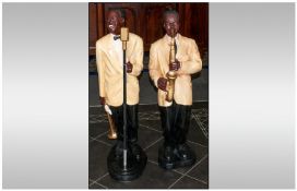 Pair of Resin Figures of a Jazz Singer and Saxophone Player,in the 1950`s Style. Height 40 inches.