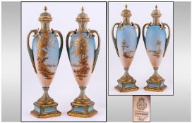 Withdrawn Royal Worcester Very Fine Pair Of Hand Painted And Tall Lidded Vases. Unsigned.