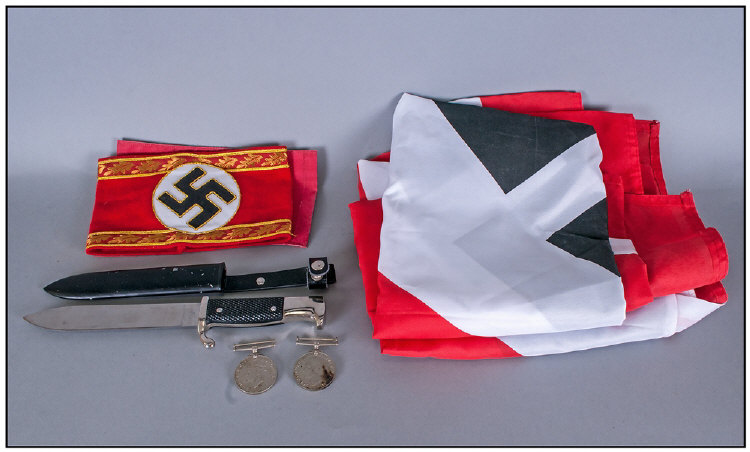 Military Interest. Reproduction German SS. Comprising Hitler youth knife, arm bands, flag. Plus 2