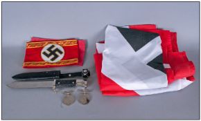 Military Interest. Reproduction German SS. Comprising Hitler youth knife, arm bands, flag. Plus 2