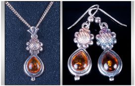 Ladies Silver Earrings, Set with amber coloured stones. Stamped 925. Together with a matching