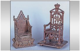 Coronation Chair Commemorative Money Banks, one complete, the current, Gothic chair with the Stone