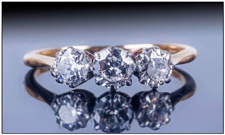 18ct Gold Diamond Ring, Set with three round brilliant cut diamonds, partial hallmark, estimated