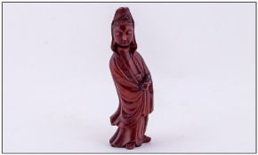 Chinese Antique Boxwood Carved Wood Figure Of Quan Yin, fine quality carving and patination. Quan