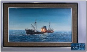 Keith Sutton (1924-1991) Oil On Board. ``Fleetwood Trawler Off The Coast`` Size 16 x 30 inches.