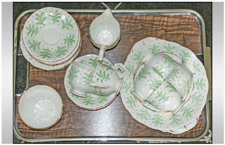 Crown Anne ``Fernlea`` China Part Tea Set. Green foliage decoration on white ground.