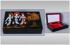 Black Lacquered Jewellery Box With Oriental Decoration to Lid. With Interior Mirror and Jewellery