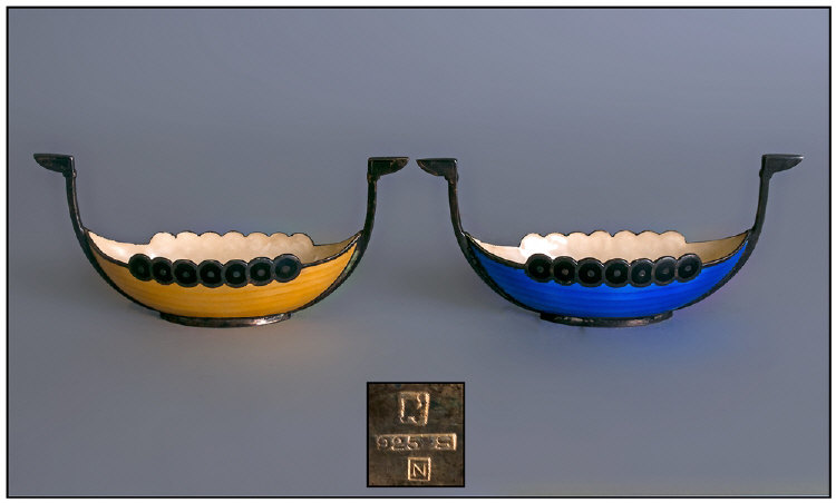 Danish Very Fine Pair of Silver and Enamel Salts in the form of Viking Ships. Marked 925 N c 1920`