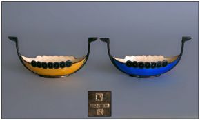 Danish Very Fine Pair of Silver and Enamel Salts in the form of Viking Ships. Marked 925 N c 1920`