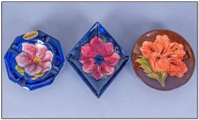 Moorcroft Pin Dishes, 3 In Total. Various shapes, designs and sizes. All marked Moorcroft.