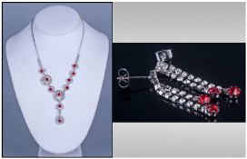 Ruby Red and White Crystal Lariat Necklace and Earrings Set, the necklace asymmetric, with double