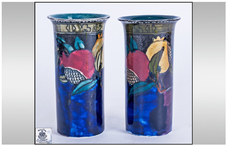 S. Hancock & Sons, Rubens Ware Pair Of Handpainted Vases, `Pomegranate` pattern. Signed F.X.