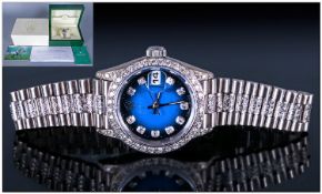 Ladies 18ct Gold Rolex Oyster Perpetual Datejust. Blue dial diamond markers.  Aftermarket  Diamond