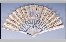 Antique French Delicate Ladies Fan, the framework in decorative mother of pearl. The linen fan