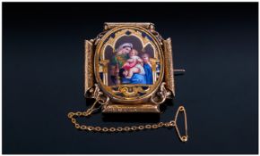 French / Italian Very Fine 15ct Gold And Enamel Brooch. Circa 1840 to 1860. The Central Oval Panel