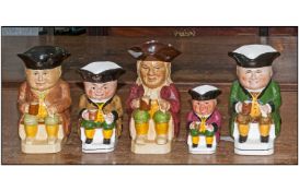 Collection Of Five Woods & Sons Toby Jugs, comprising `Toby` in various styles & sizes.