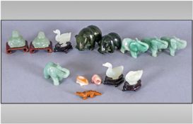 Collection Of 14 Oriental Hardstone Carvings, various small animals including ducks, elephants etc.