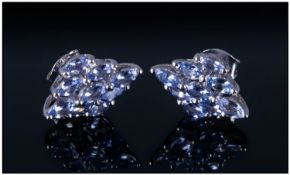 Tanzanite Pair of Cluster Earrings, the marquise cut stones formed into a diamond shape with a