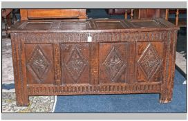 Late 17th Century Oak Coffer with Four Panels to the Front. Carved with a Diamond Shape Device,