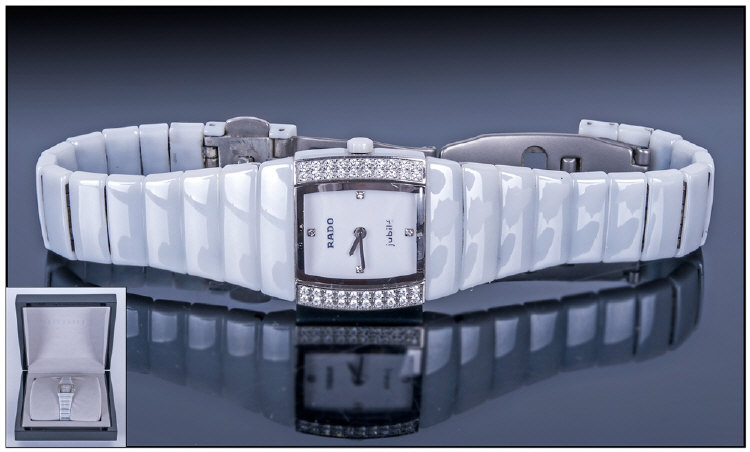 Ladies Rado White Sintra Diamond Set Wristwatch, White Tonnue Shaped Dial With Diamond Set Quarter