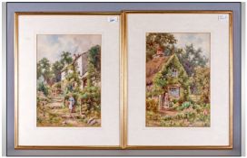 A Pair of Watercolours of English Country Cottage Gardens, with a figure of a girl, attending the