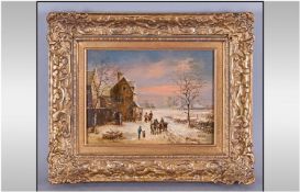 Szert Oil On Board, Country landscape with buildings. In broad gilt frame. Signed lower right. 9.