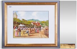 Ken Cherrington Watercolour, An Edwardian Scene With Ladies & gentleman Strolling Leisurely In a