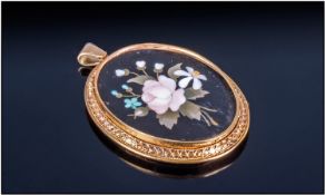 19th Century Italian Pietra Dura Pendant, floral design. Set within a gold mount with rope twist