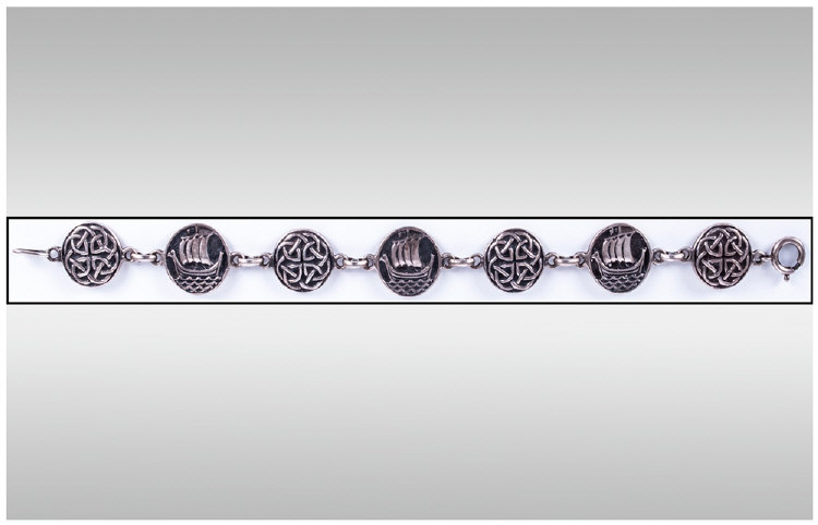 ` Iona ` Celtic Silver Bracelet, Signed John Hart, with decorated Celtic knots and Iona Long ships,