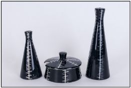 Midwinter Jessie Tait 3 Piece Cruet Set from the Clayburn factory black & white design. Early 1950`