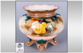 Royal Worcester Four Footed Small Vase, the base supporting a quatrelobed, squat body, hand painted