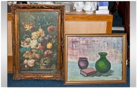 One Modern Abstract Painting on Canvas of two vases and a book. Together with a gilt framed floral