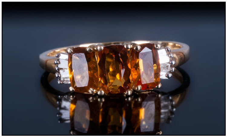 Madeira Citrine Trilogy Ring with diamond accents, the three Madeira citrines, cushion cut, the