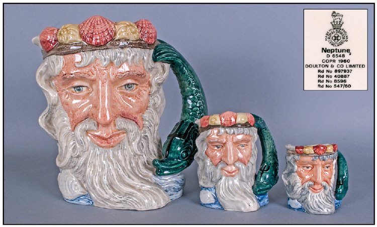 Royal Doulton Character Jugs Set Of Three. 1, Neptune large, D 6548, height 6.5 inches. 2, Neptune