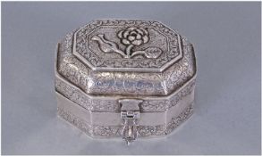 Middle Eastern Antique Silver Embossed Lidded Box Of Fine Quality. The domed top embossed with a