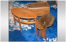 Three Occasional Tables. One is mini oak drop leaf table. One is a tree trunk table. And one is a