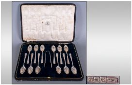 Set Of 12 Mappin & Web Silver Teaspoons & Sugar Tongs, Fully Hallmarked London 1917. In Fitted Silk