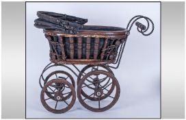 Miniature Reproduction Dolls Pram made from whicker and iron, with a movable cloth hood. 13 inches