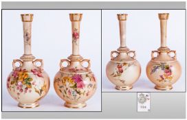 Royal Worcester Handpainted Pair Of Blush Ivory Floral Specimen Vases, Date 1906, shape 784, Each